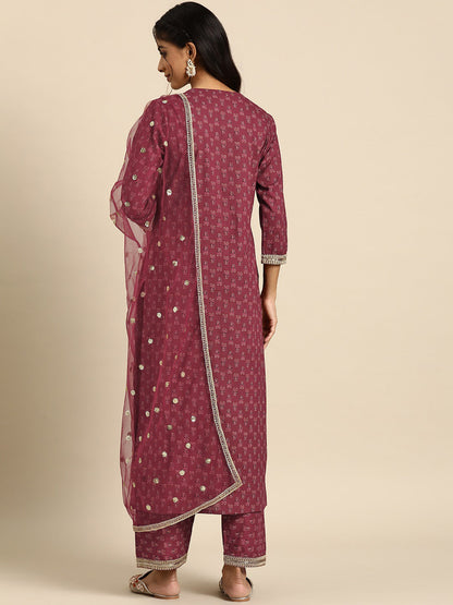 Women's Burgundy Embroidered Straight Kurta With Palazzo And Net Dupatta