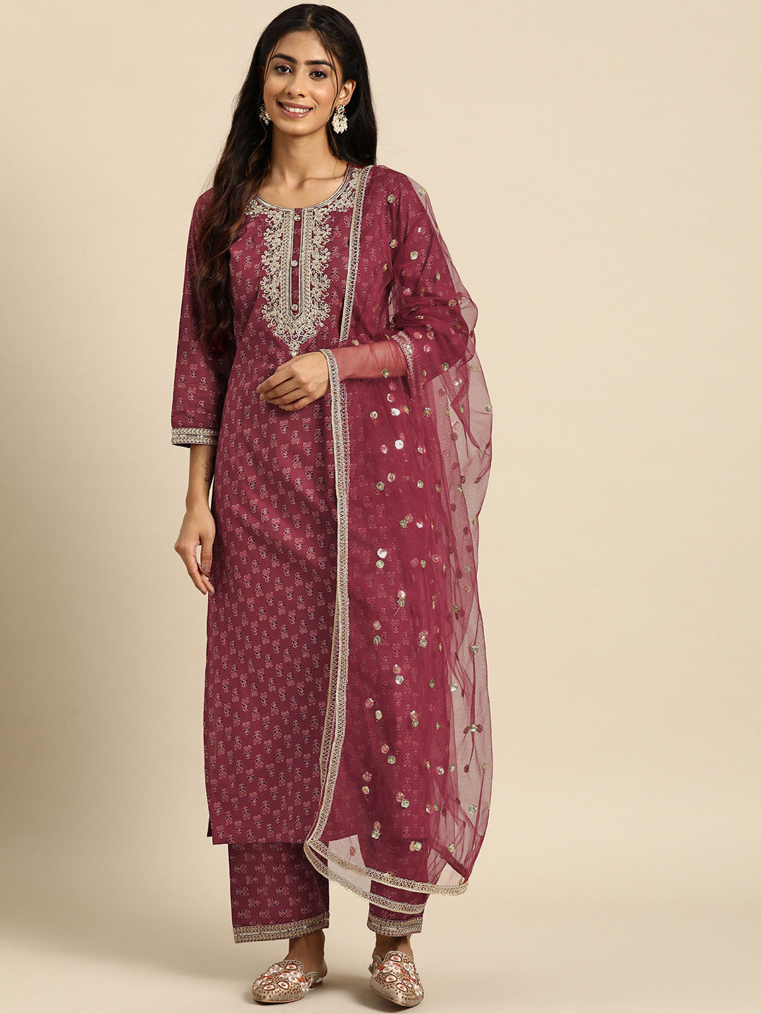 Women's Burgundy Embroidered Straight Kurta With Palazzo And Net Dupatta