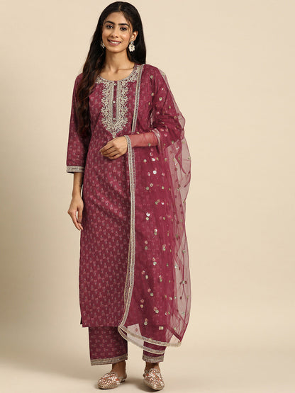 Women's Burgundy Embroidered Straight Kurta With Palazzo And Net Dupatta