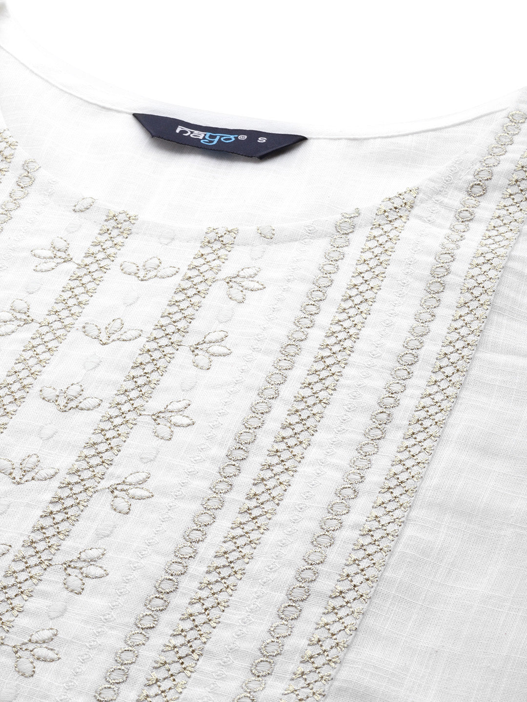Women's Off-White Embroidered Straight Tunic With Three Quaretr Sleeves