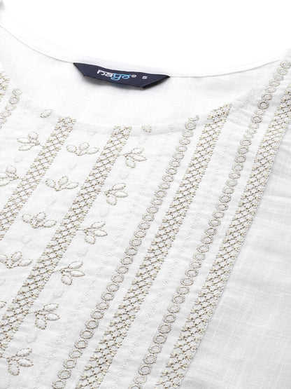 Women's Off-White Embroidered Straight Tunic With Three Quaretr Sleeves
