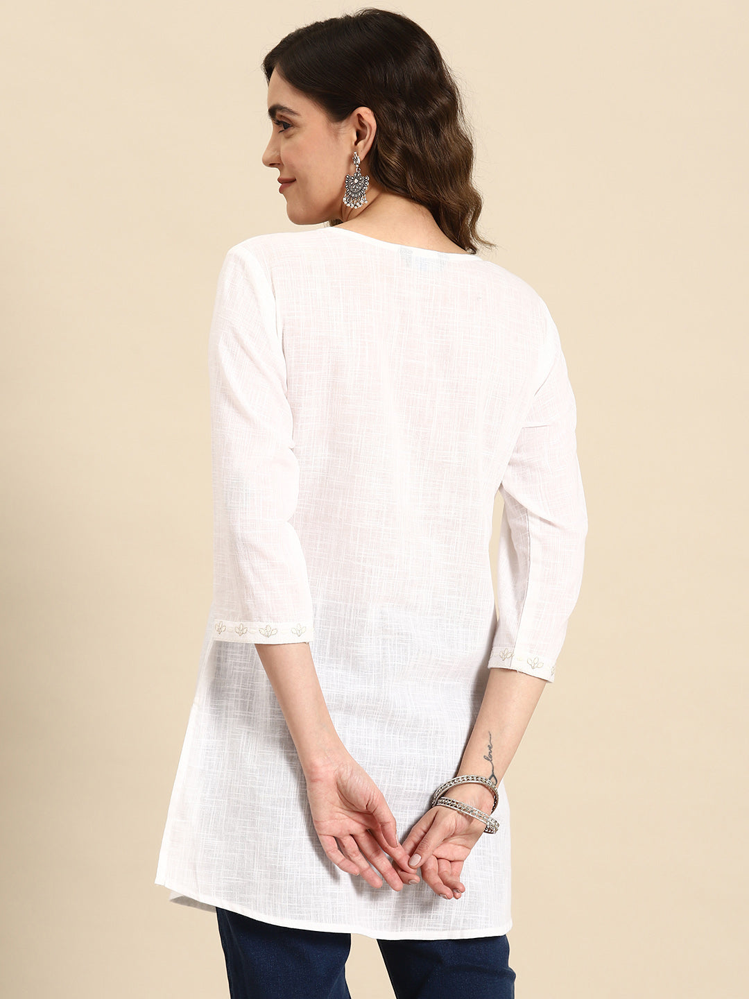Women's Off-White Embroidered Straight Tunic With Three Quaretr Sleeves