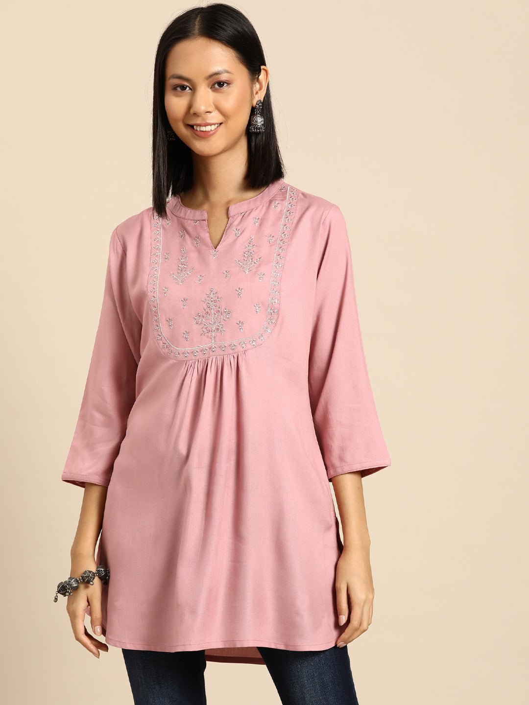 Women's Mauve Embroidered Straight Tunic With Three Quaretr Sleeves