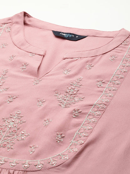 Women's Mauve Embroidered Straight Tunic With Three Quaretr Sleeves
