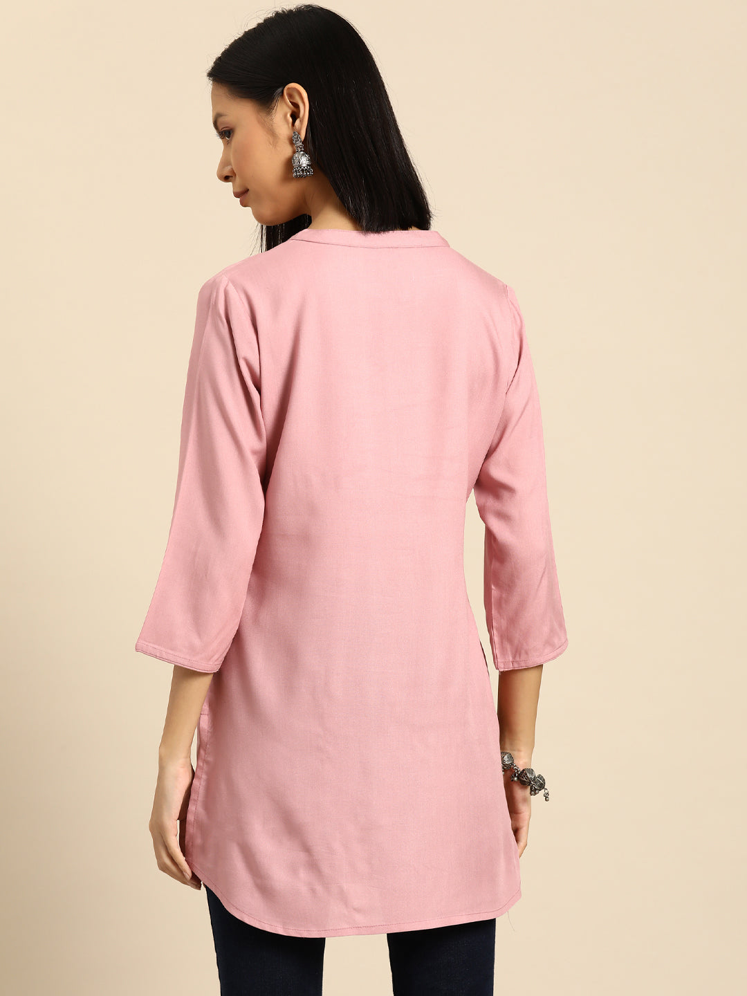 Women's Mauve Embroidered Straight Tunic With Three Quaretr Sleeves