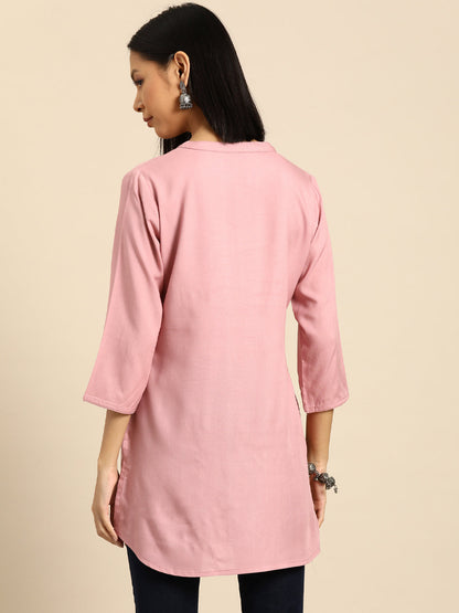 Women's Mauve Embroidered Straight Tunic With Three Quaretr Sleeves