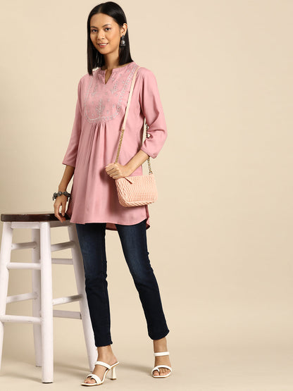 Women's Mauve Embroidered Straight Tunic With Three Quaretr Sleeves