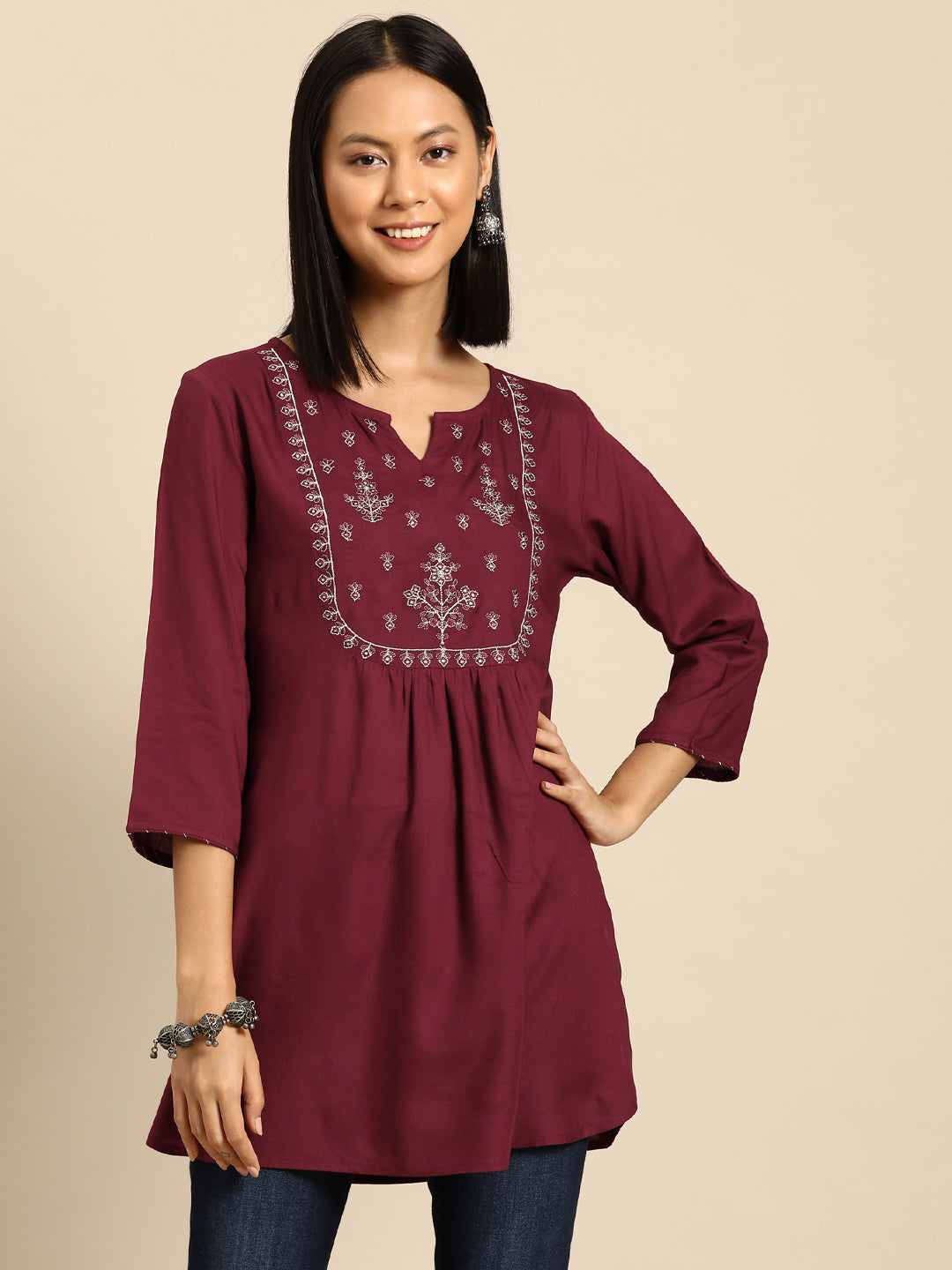 Women's Maroon Embroidered Yoke Straight Tunic With Three Quarter Sleeves
