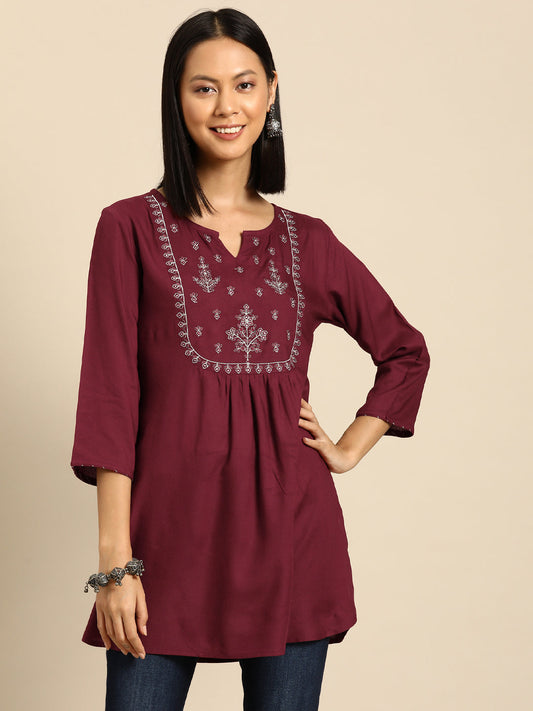 Women's Maroon Embroidered Yoke Straight Tunic With Three Quarter Sleeves