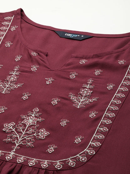Women's Maroon Embroidered Yoke Straight Tunic With Three Quarter Sleeves