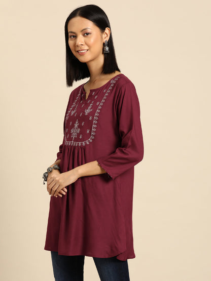 Women's Maroon Embroidered Yoke Straight Tunic With Three Quarter Sleeves