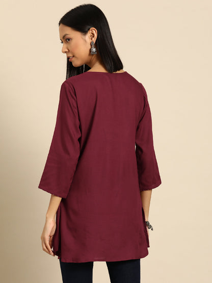 Women's Maroon Embroidered Yoke Straight Tunic With Three Quarter Sleeves