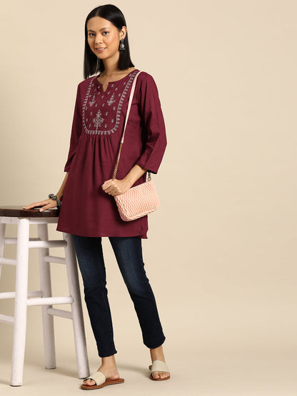 Women's Maroon Embroidered Yoke Straight Tunic With Three Quarter Sleeves