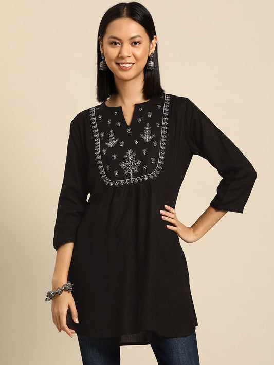 Women's Black Embroidered Yoke Straight Tunic With Three Quarter Sleeves