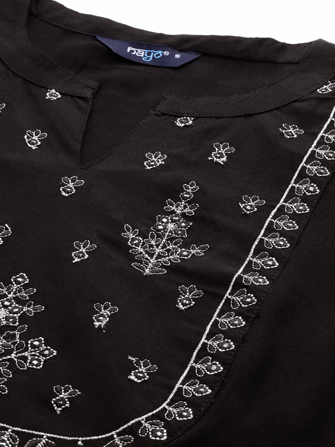 Women's Black Embroidered Yoke Straight Tunic With Three Quarter Sleeves