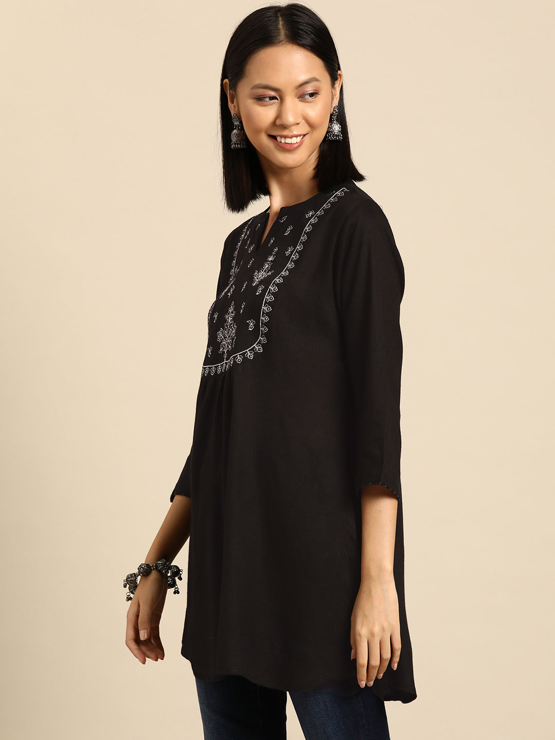 Women's Black Embroidered Yoke Straight Tunic With Three Quarter Sleeves