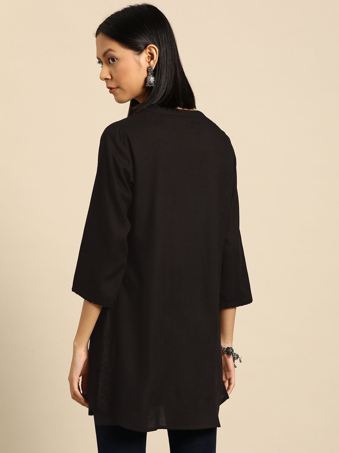 Women's Black Embroidered Yoke Straight Tunic With Three Quarter Sleeves