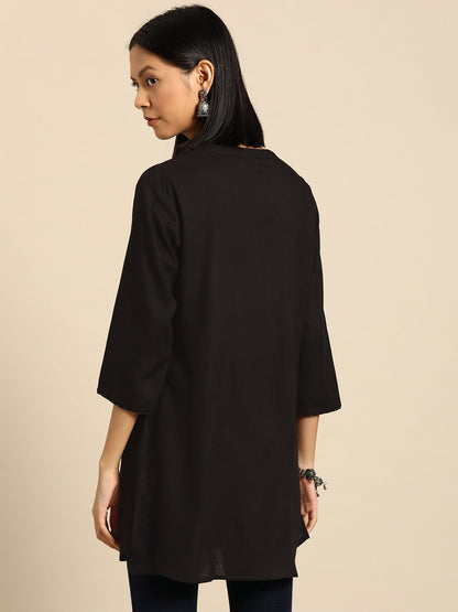 Women's Black Embroidered Yoke Straight Tunic With Three Quarter Sleeves