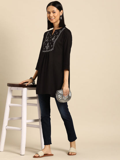 Women's Black Embroidered Yoke Straight Tunic With Three Quarter Sleeves