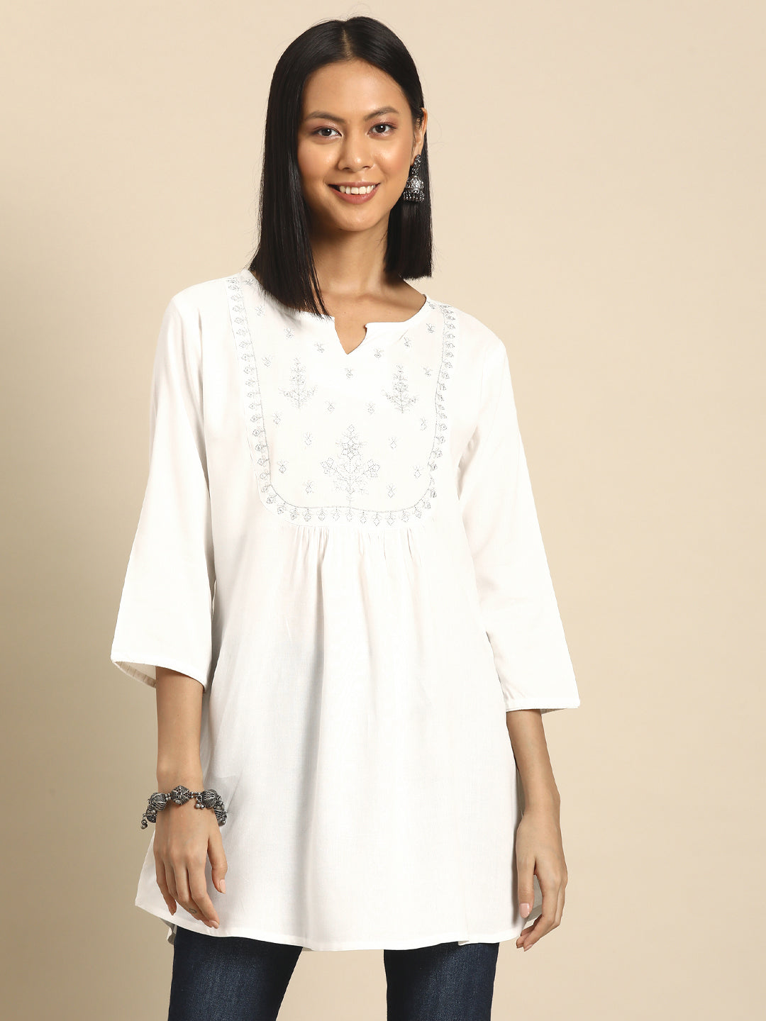 Women's White Embroidered Yoke Straight Tunic With Three Quarter Sleeves