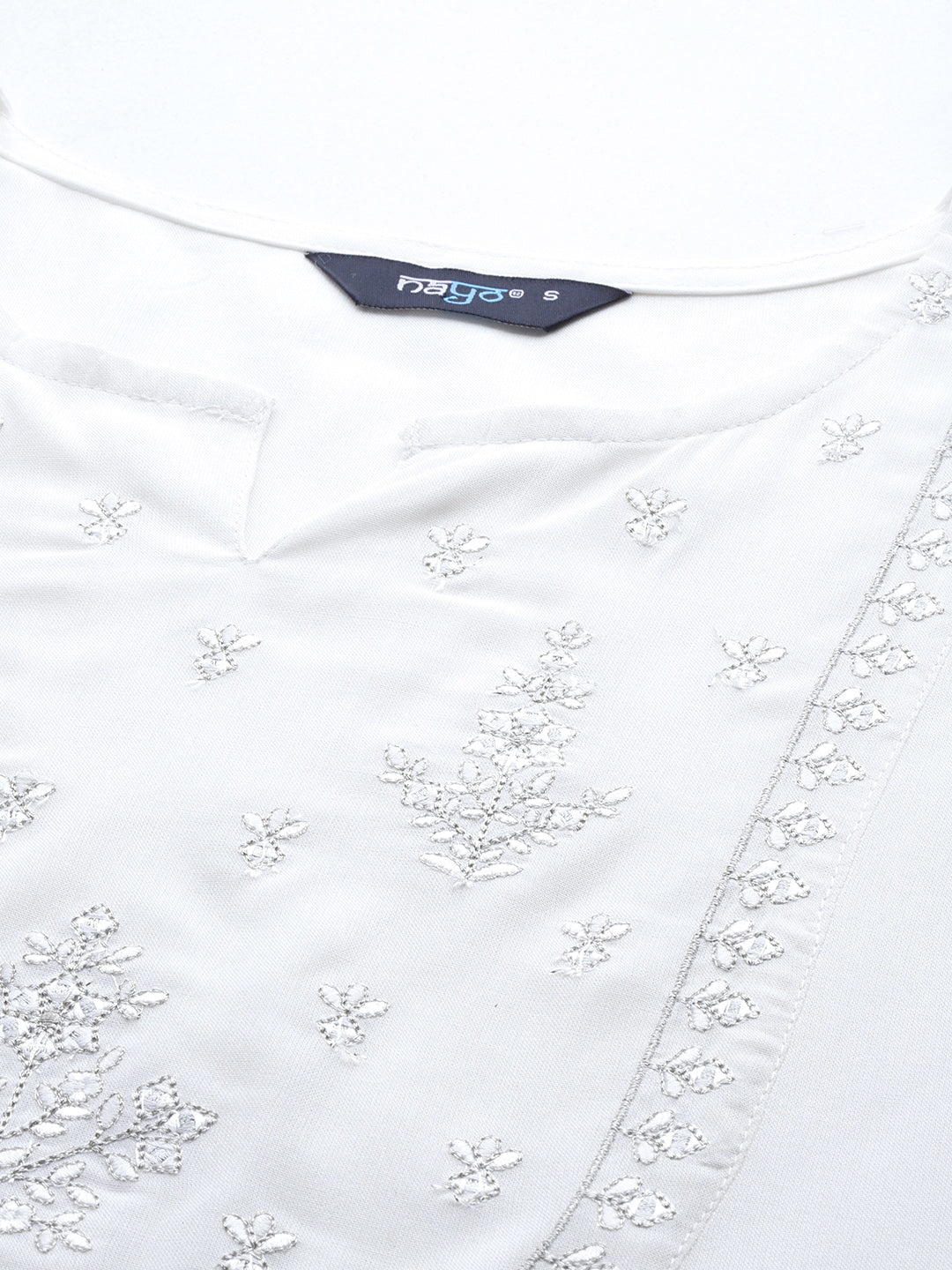 Women's White Embroidered Yoke Straight Tunic With Three Quarter Sleeves