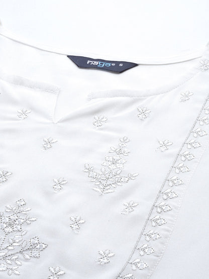 Women's White Embroidered Yoke Straight Tunic With Three Quarter Sleeves