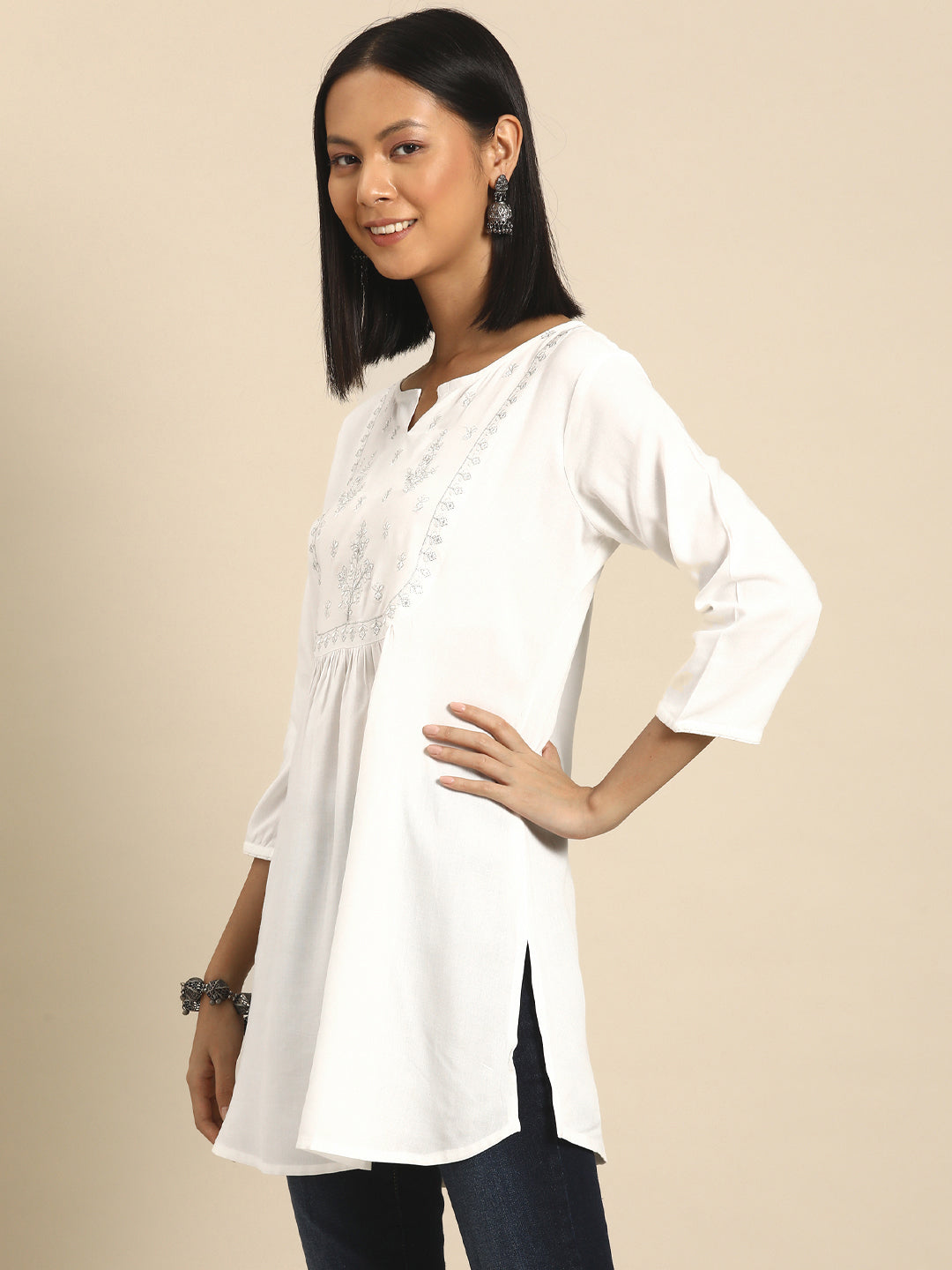Women's White Embroidered Yoke Straight Tunic With Three Quarter Sleeves