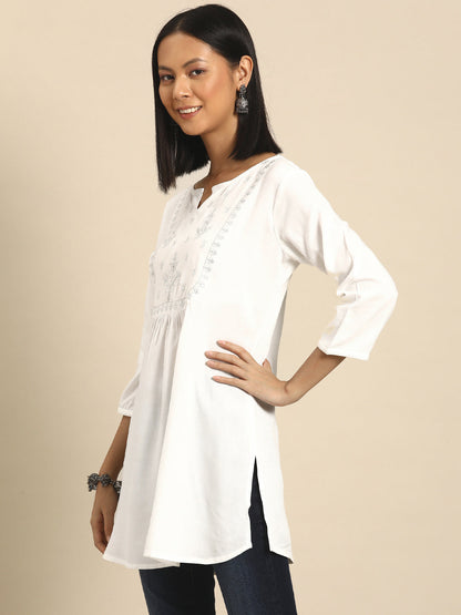Women's White Embroidered Yoke Straight Tunic With Three Quarter Sleeves