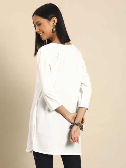 Women's White Embroidered Yoke Straight Tunic With Three Quarter Sleeves