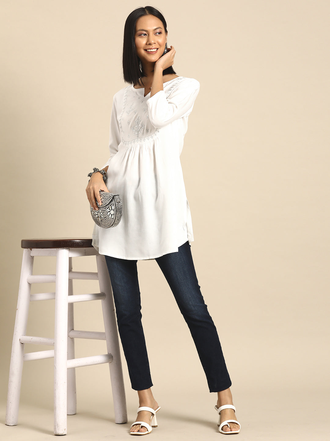 Women's White Embroidered Yoke Straight Tunic With Three Quarter Sleeves