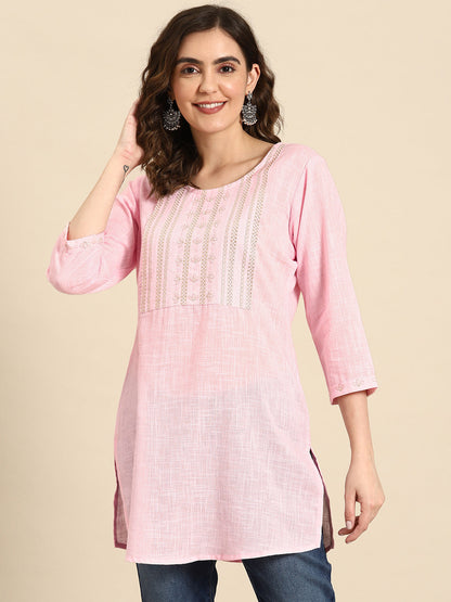Women's Pink Embroidered Yoke Straight Tunic With Three Quarter Sleeves