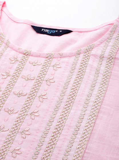 Women's Pink Embroidered Yoke Straight Tunic With Three Quarter Sleeves