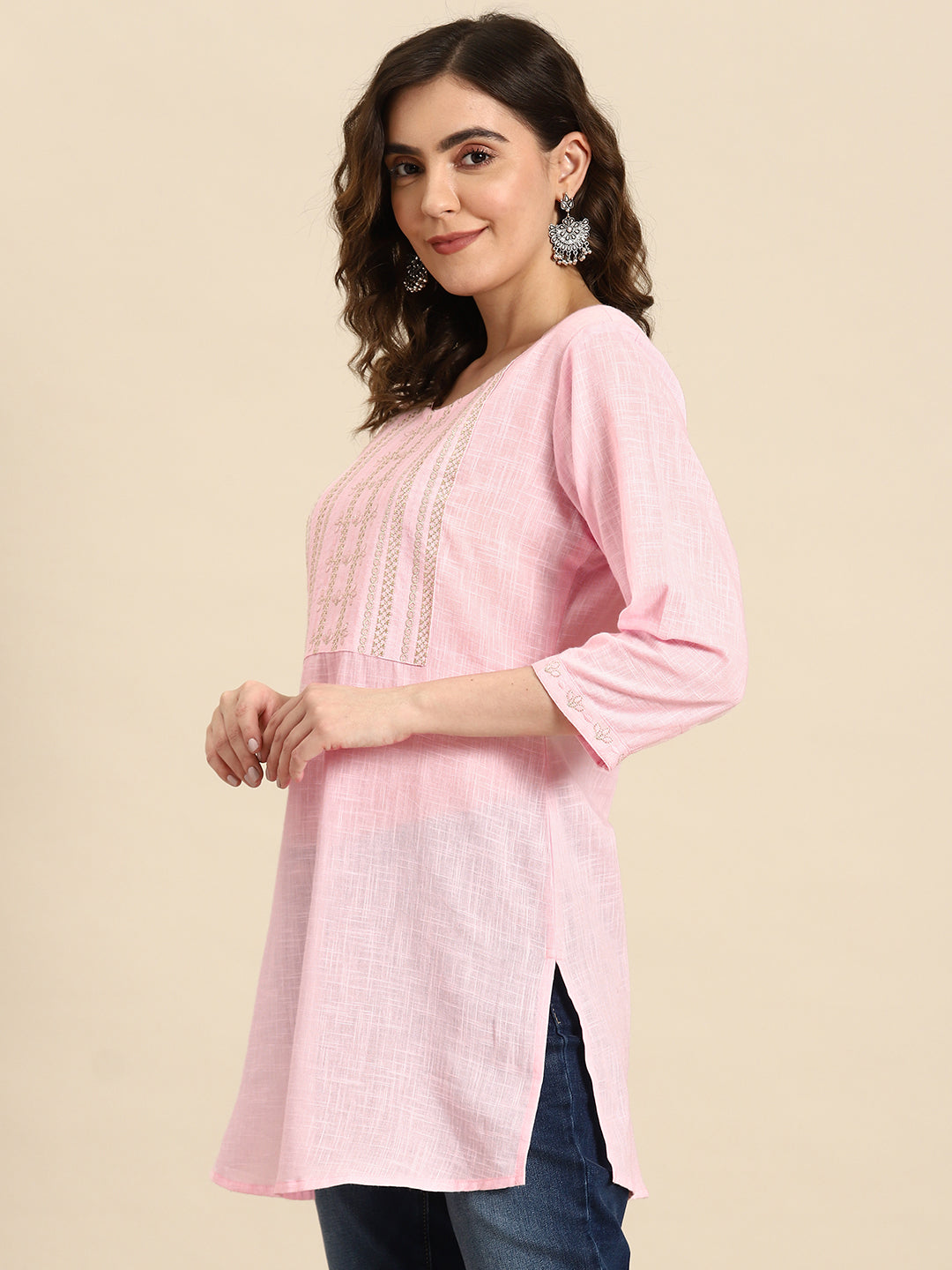 Women's Pink Embroidered Yoke Straight Tunic With Three Quarter Sleeves