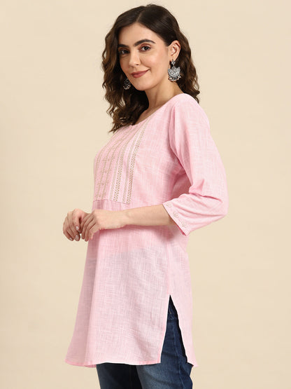 Women's Pink Embroidered Yoke Straight Tunic With Three Quarter Sleeves