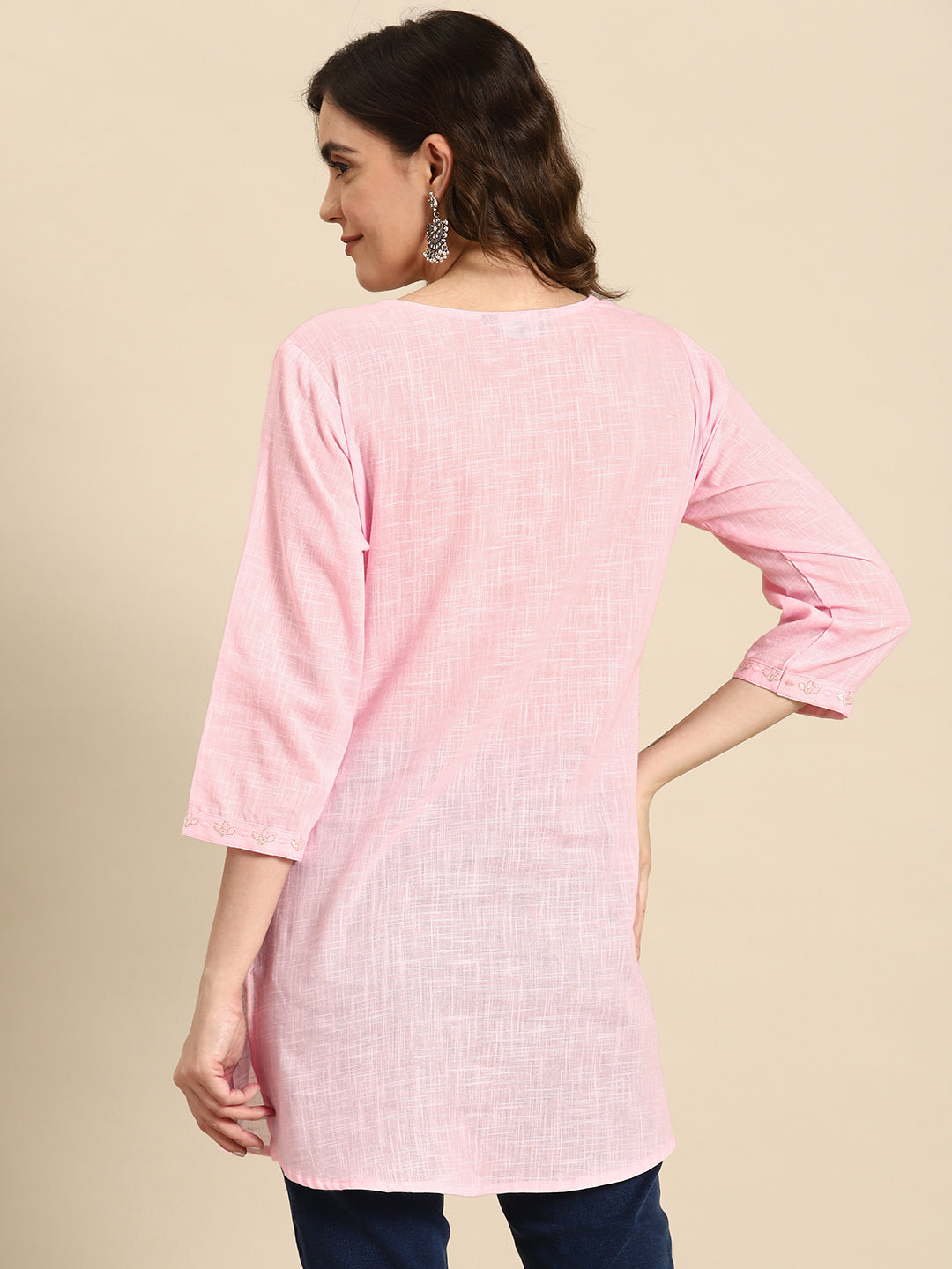 Women's Pink Embroidered Yoke Straight Tunic With Three Quarter Sleeves