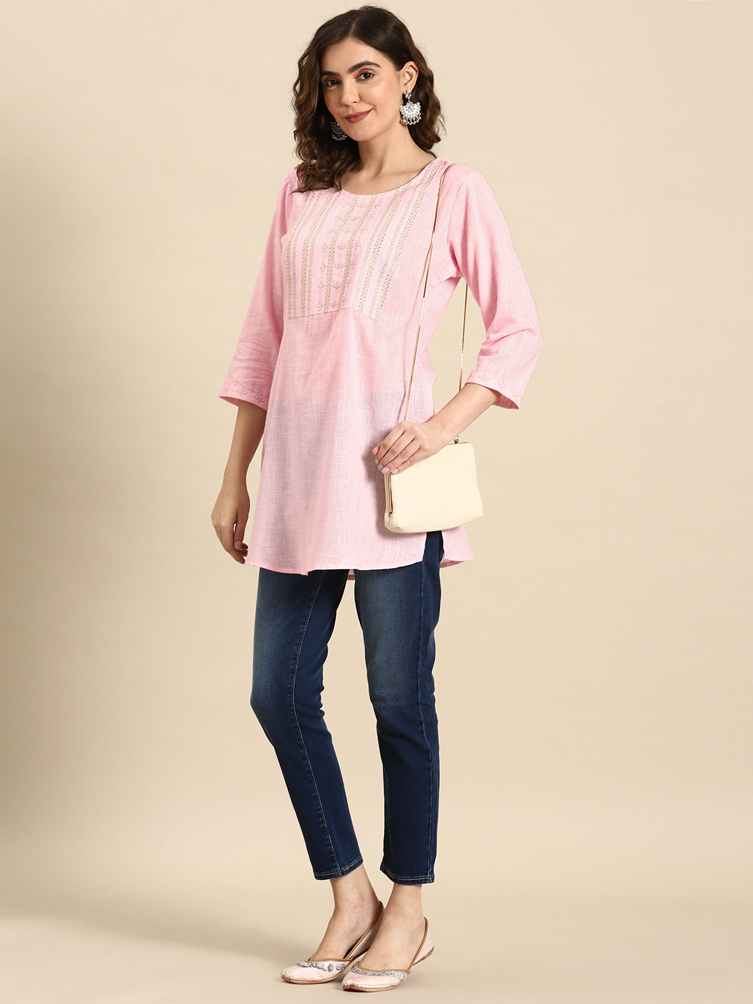 Women's Pink Embroidered Yoke Straight Tunic With Three Quarter Sleeves