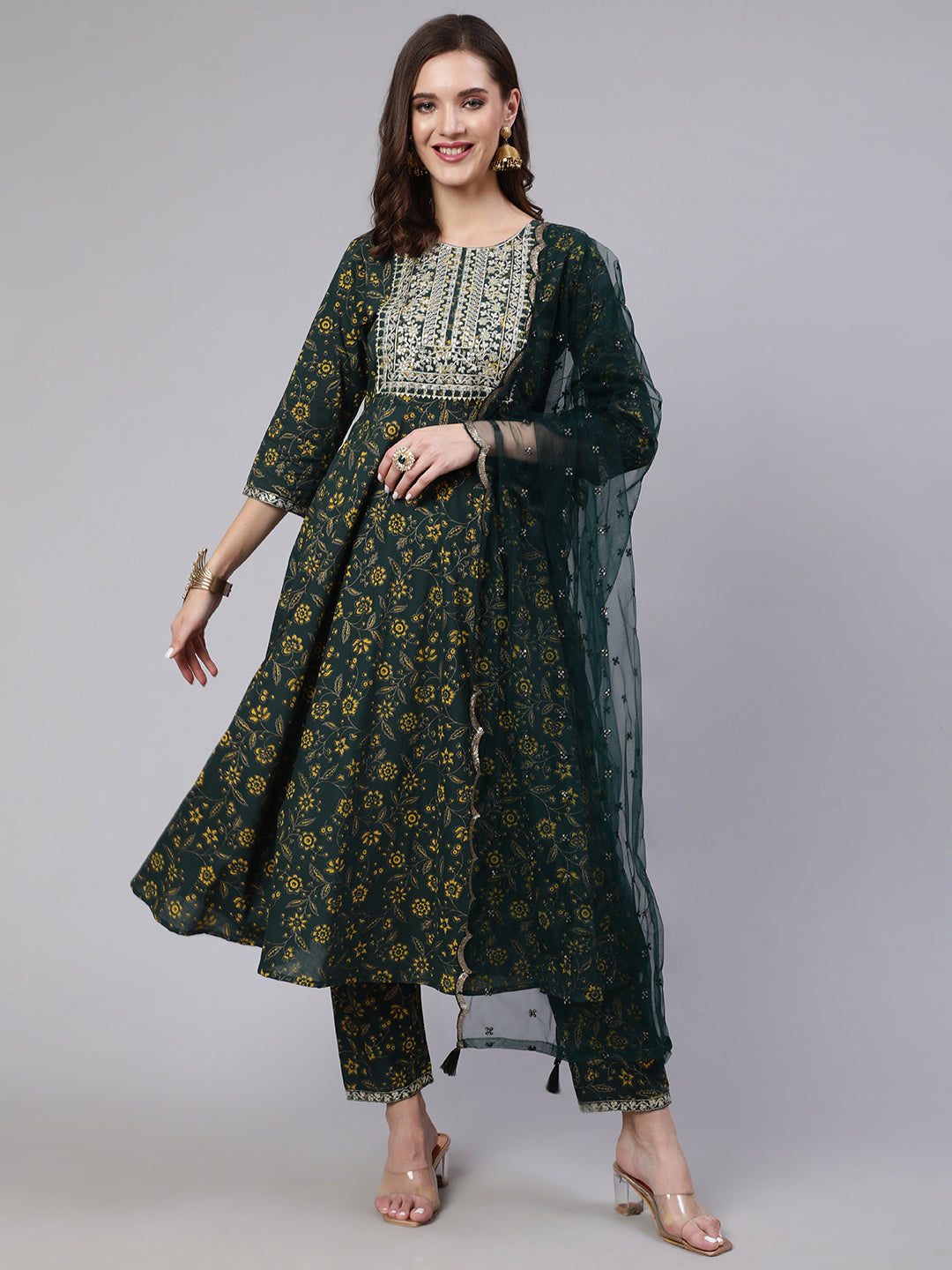 Women's Green Embroidered Flared Kurta With Trouser And Dupatta
