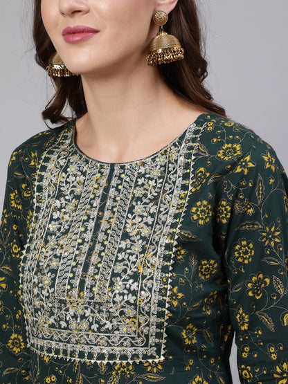 Women's Green Embroidered Flared Kurta With Trouser And Dupatta