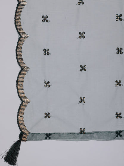 Women's Green Embroidered Flared Kurta With Trouser And Dupatta