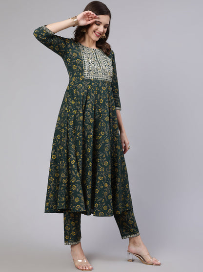 Women's Green Embroidered Flared Kurta With Trouser And Dupatta