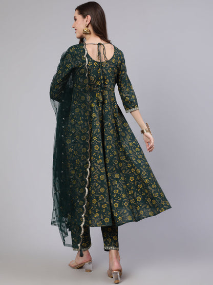 Women's Green Embroidered Flared Kurta With Trouser And Dupatta