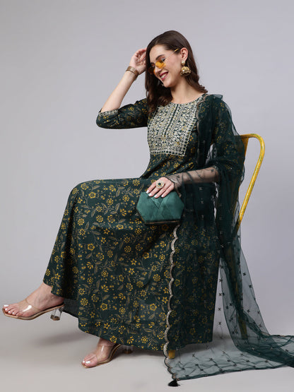 Women's Green Embroidered Flared Kurta With Trouser And Dupatta