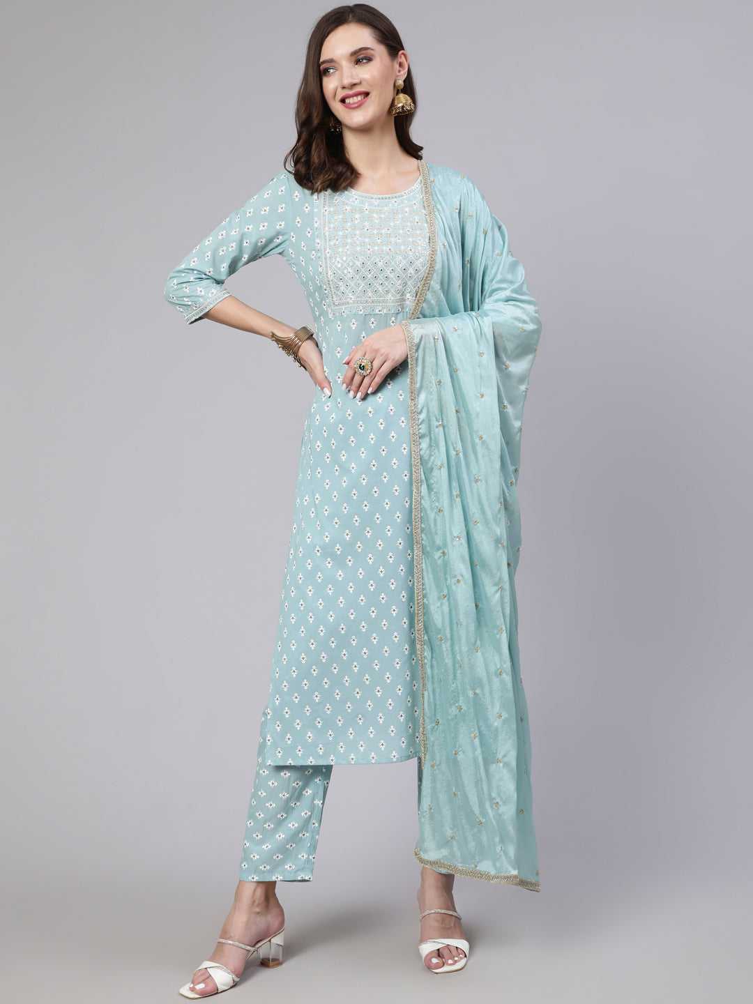 Women's Blue Embroidered Straight Kurta With Trouser And Dupatta