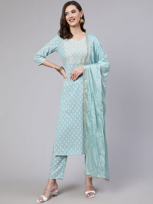Women's Blue Embroidered Straight Kurta With Trouser And Dupatta
