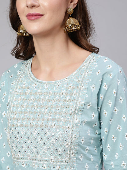 Women's Blue Embroidered Straight Kurta With Trouser And Dupatta