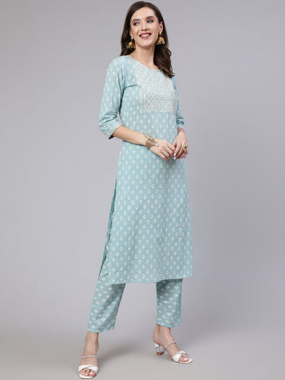 Women's Blue Embroidered Straight Kurta With Trouser And Dupatta