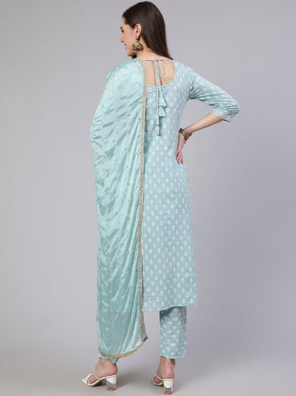 Women's Blue Embroidered Straight Kurta With Trouser And Dupatta