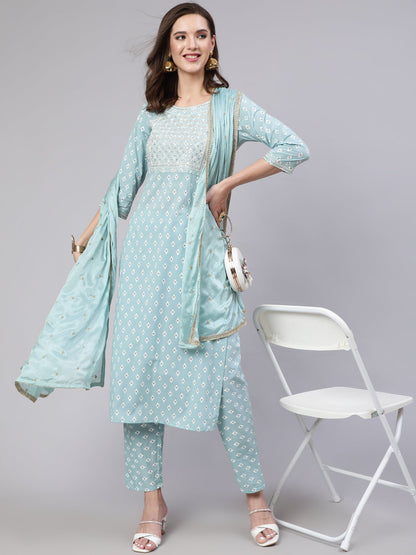 Women's Blue Embroidered Straight Kurta With Trouser And Dupatta
