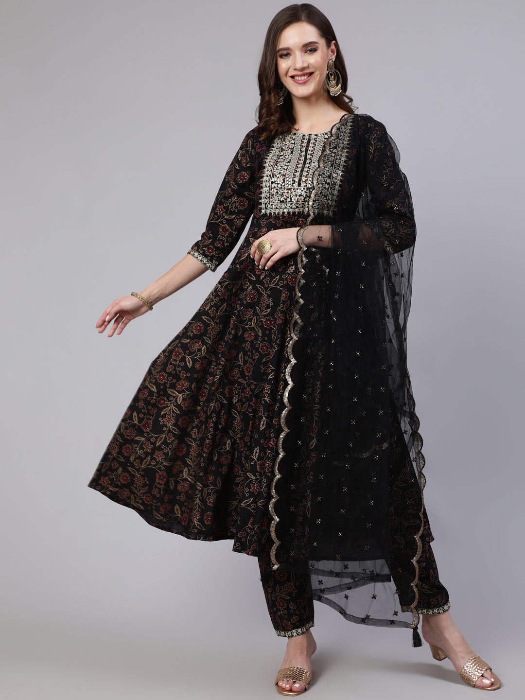 Women's Black Embroidered Flared Kurta With Trouser And Dupatta