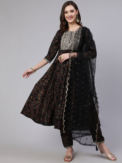 Women's Black Embroidered Flared Kurta With Trouser And Dupatta